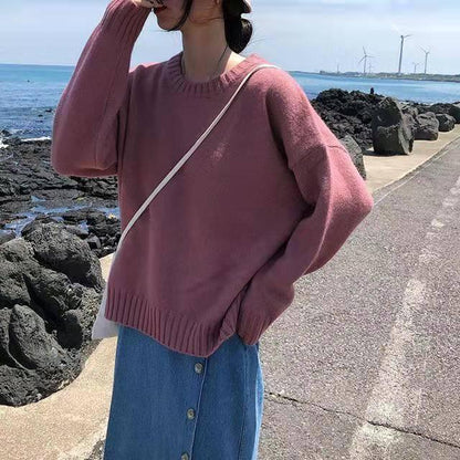 Lady Minimalist Simple Color Slim Knitwear O-neck Bottoming Top Pullover Sweater Jumper Top
