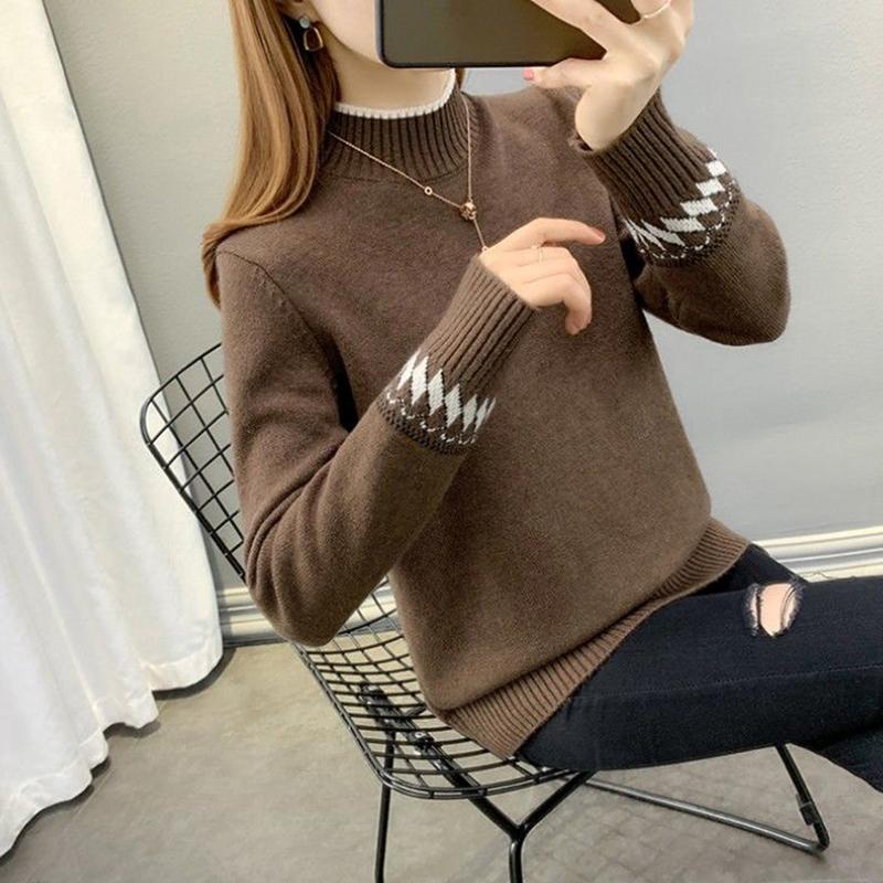 Autumn and Winter Plus Velvet Thick Sweater Half High Neck Loose Casual Bottoming Shirt Fashion Simple Female Sweater