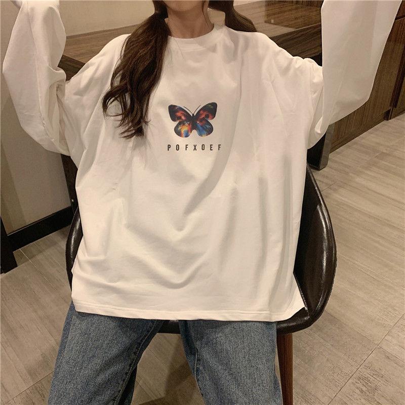 Women's Summer Tshirt Butterfly Print T-shirt Casual Loose Fall Long Sleeve Tee Top Pullover