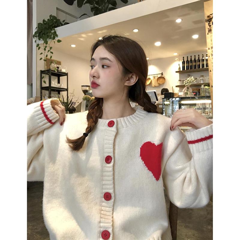 White Knit Cardigan Sweater Girl Student Korean Style Loose Cute Lazy New Round Neck Western-style Love Jacket
