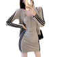 2PCS Women's Autumn Striped Sports Suit Ladies Sexy Waist Hip Skirt + Thin Long Sleeve Jacket Two-piece Skirt Suit Girls Leisure Travel Suit