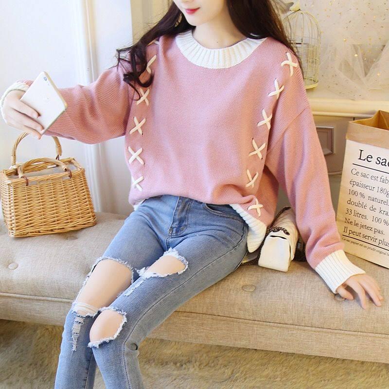 Loose Front Short Back Long Split Knitted Round Neck Jumper Short Wild Sweater Women