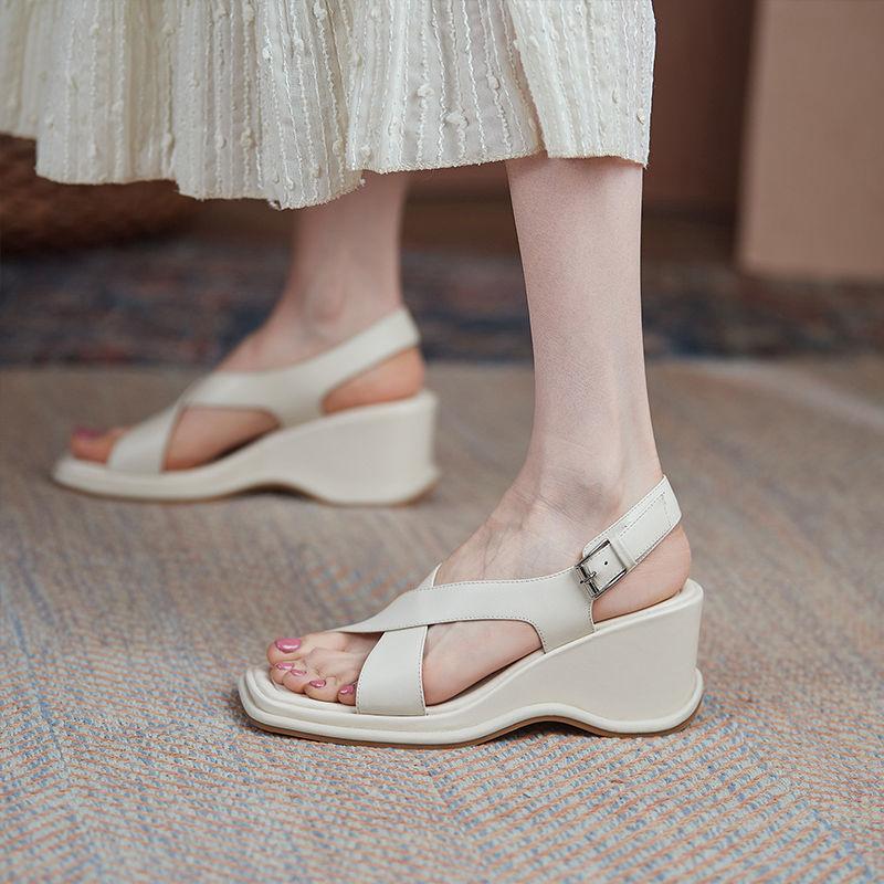 Wedge Sandals Women's Summer Sponge Cake Thick-soled Real Soft Leather Casual Style Summer Fashion High Heels