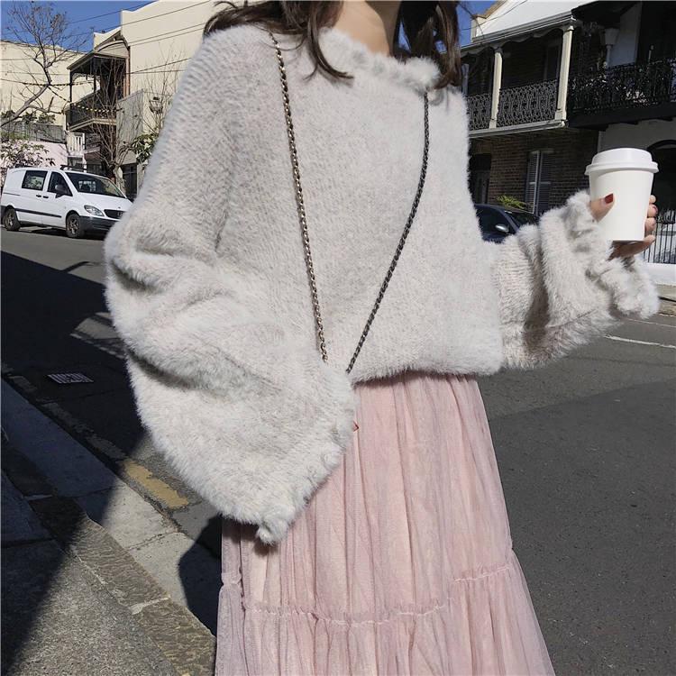 Pofulove Mohair Girly Ruffles Cuffs Turtleneck Warm Knitwear Skin-friendly Losse Pullover Sweater