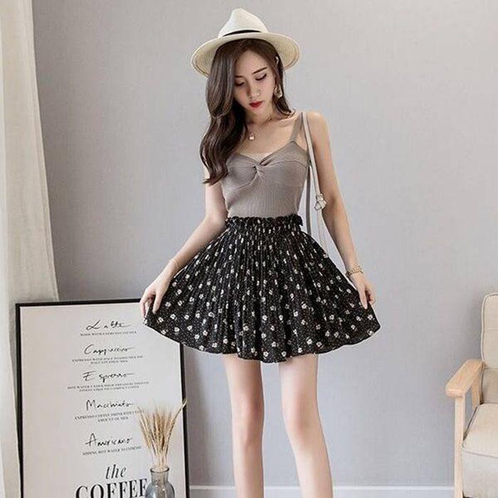 Pofulove Women Pleated Chiffon Skirt High Waist Slim Floral Package Hip Skirts Mini A-line Skirt