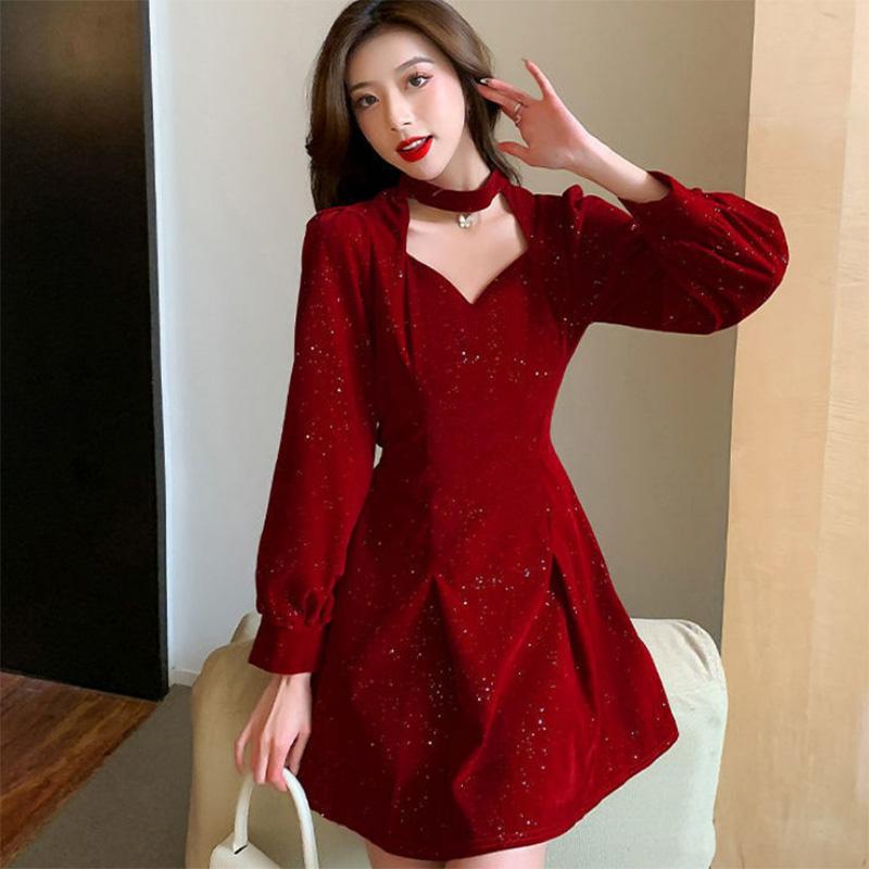 Spring and Autumn Women's Clothes Dating To Work Velvet High Sense Dress New Year Festive Hanging Neck Sexy Hollow Small Dress