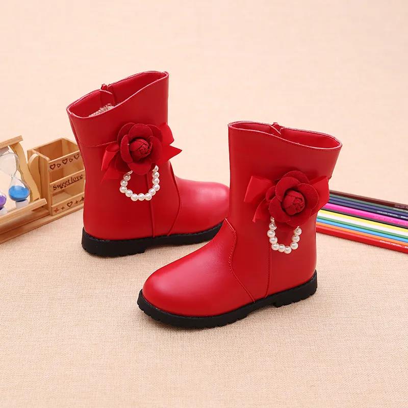 Girls' Boots Autumn and Winter Solid Color Flower Martin Boots Plush Warm Pearls Princess Snow Boots