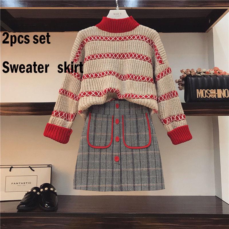Large Size 2pcs Set Sweater+Short Skirt Woman Sweater High Collar Sweater Winter Knitting Sweaters