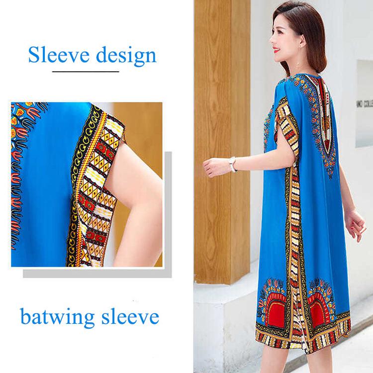 Summer Ethnic Print Dress Round Neck Cotton and Linen short  Sleeve Loose Mid-length Vest Skirt Daily Thin