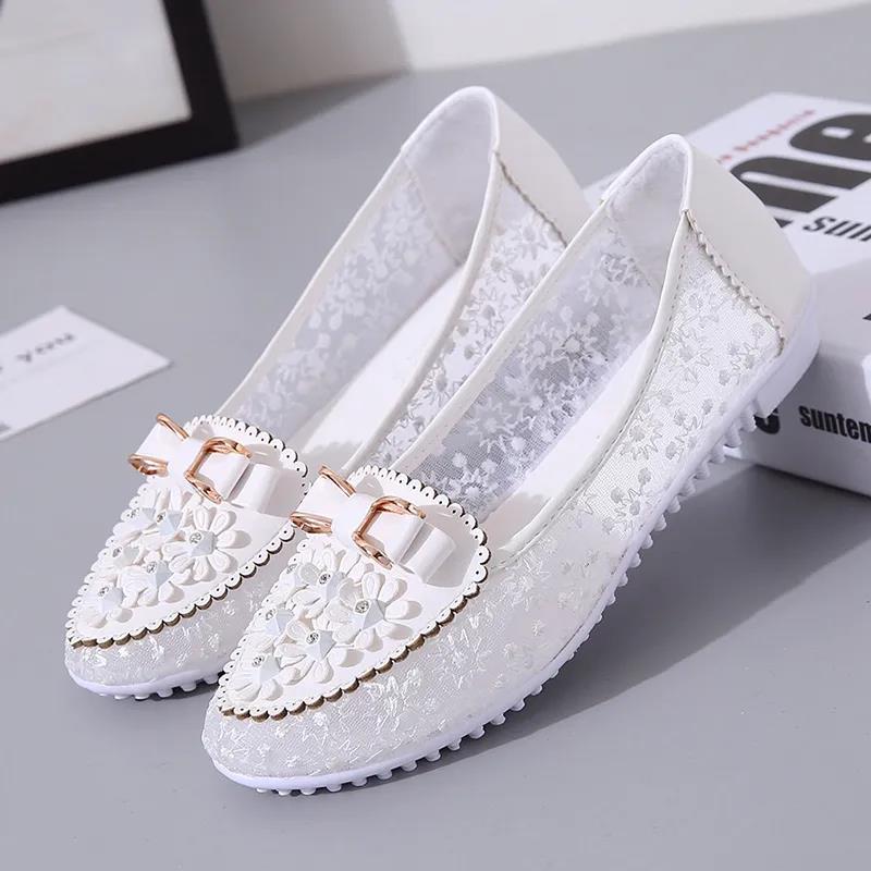 Spring Summer Slip-on Shoes Comfortable Lace Breathable Flat Shoes Female Solid Color Mesh Bow Casual Shoes