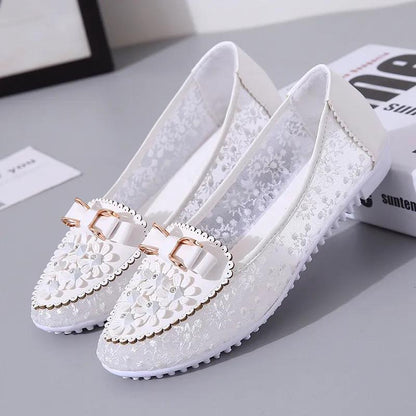 Spring Summer Slip-on Shoes Comfortable Lace Breathable Flat Shoes Female Solid Color Mesh Bow Casual Shoes