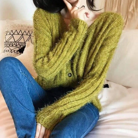 Autumn and winter new women's knit cardigan V-neck long-sleeved sweater female feather yarn shirt