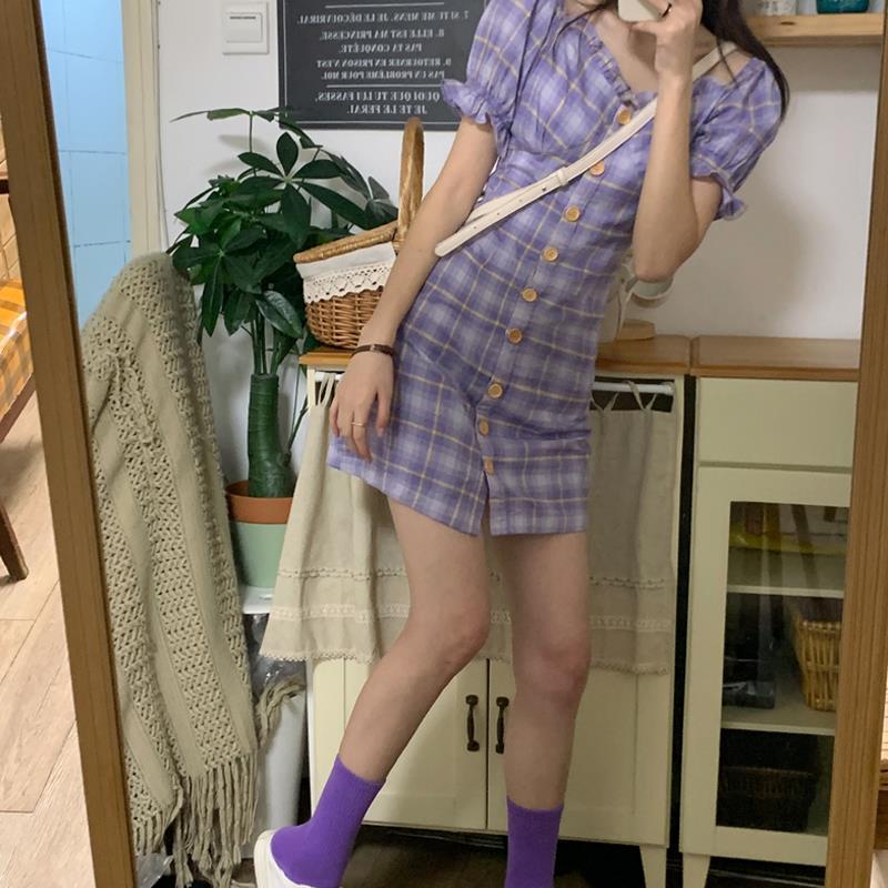 Purple Plaid Dress Female Middle Long Square Collar Wood Ear Edge College Wind Waist Slim Little Fresh Dress