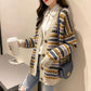 Autumn and Winter Retro Striped Knitted Sweater Loose Cardigan Large Size Blouse Elegant Jacquard Young and Middle-aged Ladies Jacket