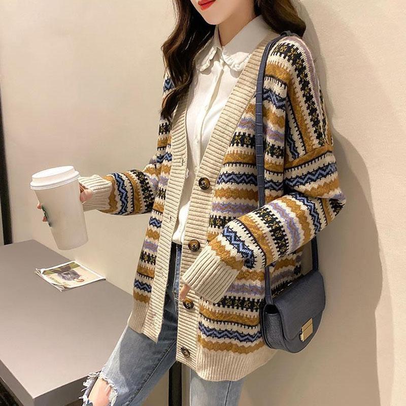 Autumn and Winter Retro Striped Knitted Sweater Loose Cardigan Large Size Blouse Elegant Jacquard Young and Middle-aged Ladies Jacket