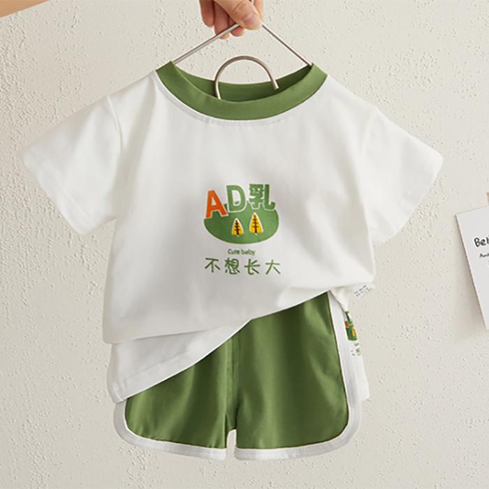 Kids Baby Girl and Boy Clothes Set Tops Solid Cartoon Short Sleeve Shirt Crop Pants Summer Casual Outfit Suit Girl and Boy 0-4Y