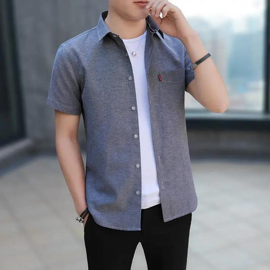 Oxford Cloth Shirt Men Tees Button Up Casual Undies Short Sleeve T-shirt Stretch Cardigan Male Clothing Solid Color Top Summer