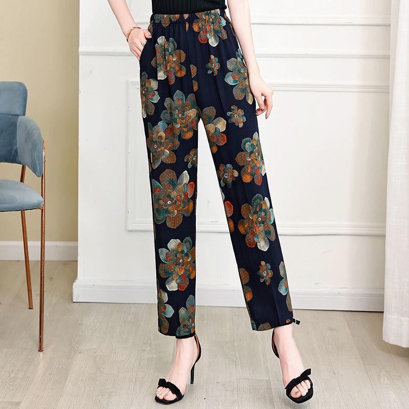 Cotton Linen Women's Trousers Flower Pants Plus Size Elastic Waist Straight-leg Pants Printed Fashion Casual Pants Summer