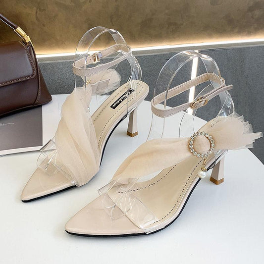 French Girl High Heels Summer Pointed Rhinestone Mesh Buckle Sandals Female Stiletto