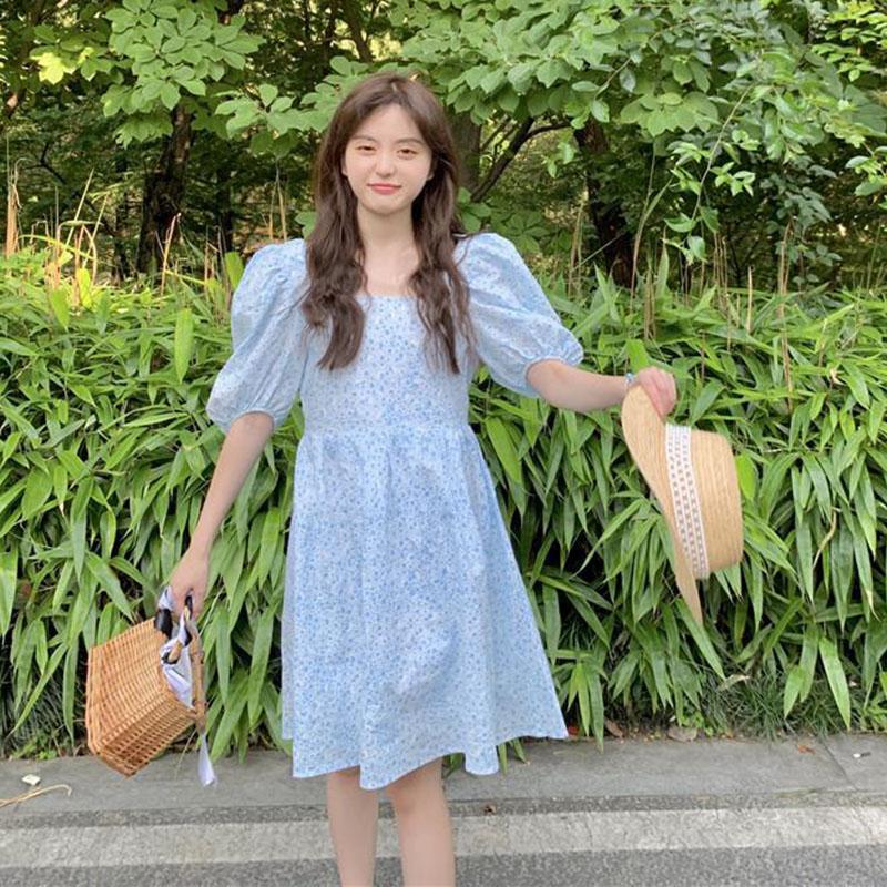 Women's Summer Floral Dress Square Neck Slim Puff Sleeve Skirt