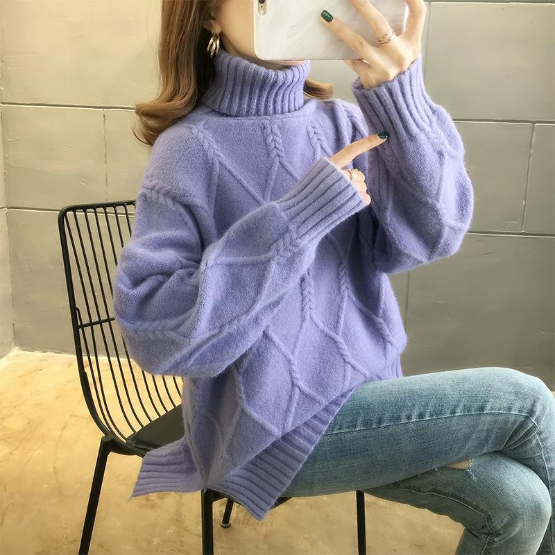 Autumn and Winter Clothes Loose Turtleneck Sweater Women's Twist Knit Split Bottoming Shirt Outer Wear