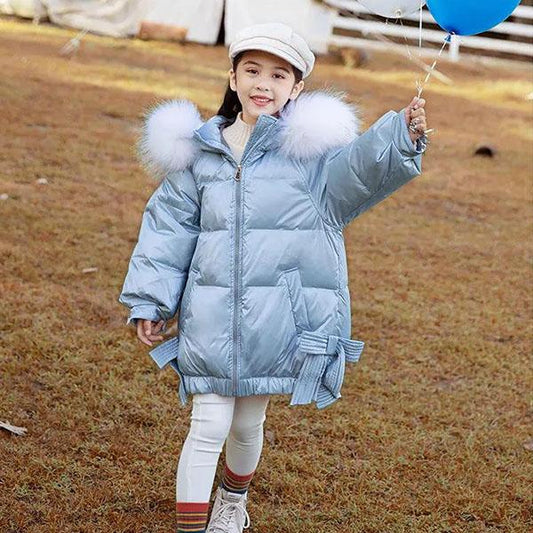 Winter Thickened All-match Big Children's White Duck Down Down Jacket Girls Mid-length Shiny Face Baby Girl Winter Thickened Children's Jacket