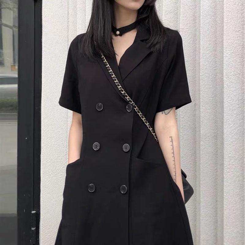 Black Dress Women's Cool Girl Summer Dress Short Sleeve Turn-down Collar Knee-length Daily Wear Office Dating Party