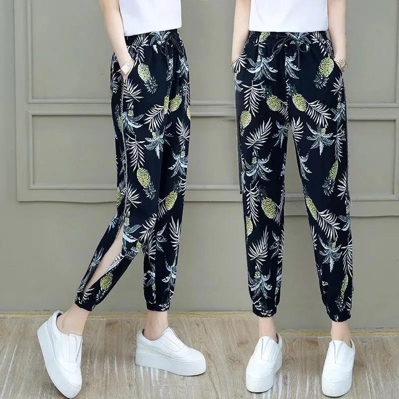 Elastic Waist Printing Boutique Harlan Cotton Trousers Nine Minutes Pants Women Loose Summer High Waist Thin Thin Casual Pants Women