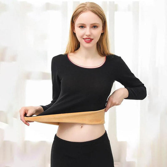 Women Plus Size Winter Thermal Underwear Plus Velvet Thickened O-neck Tops Pants Female Tight Suit Windproof Comfortable Soft Lining Long Sleeve