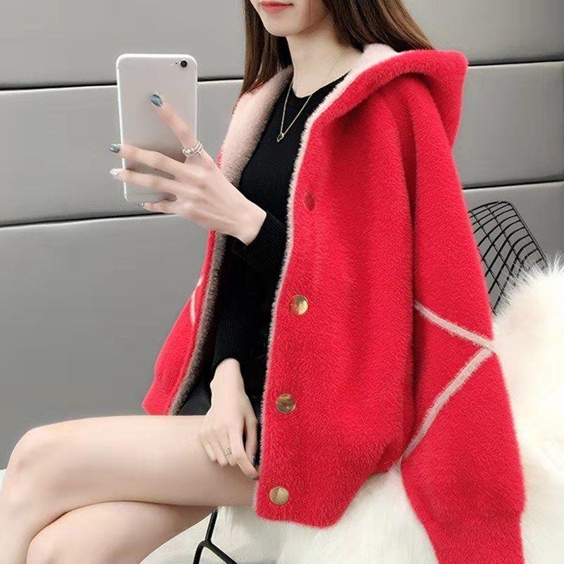 Loose Hooded Long Sleeve Sweater Autumn and Winter Button Cardigan Warm Top Mink Fleece Fashion Casual Jacket