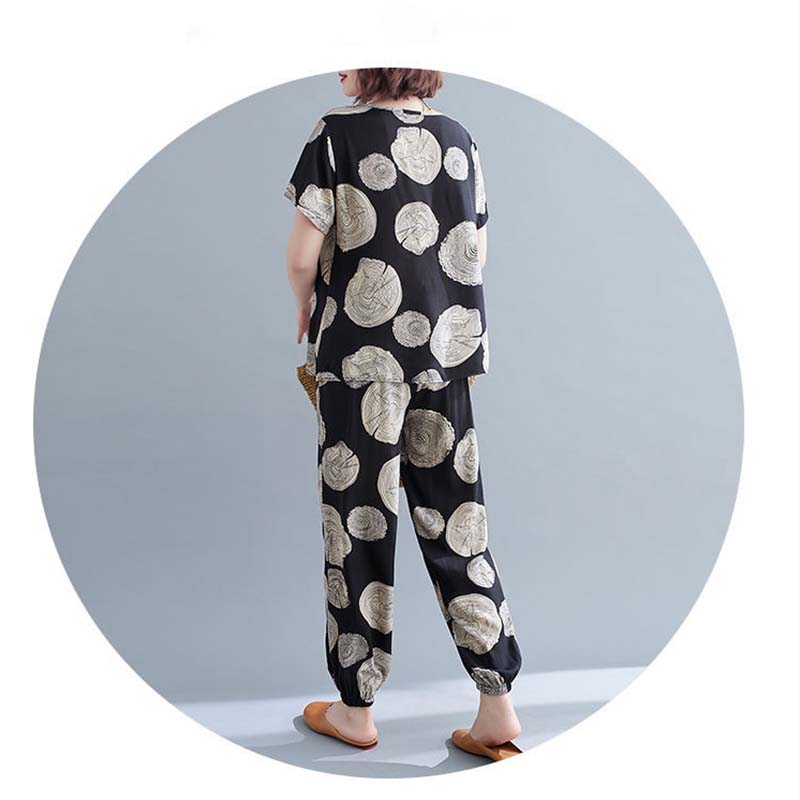 Women Summer Homewear Pajamas Set Short Sleeve Ninth Pants Casual Two Piece Set Print Loose Large Size Top and Pants Comfortable Tracksuirt Pajama Set