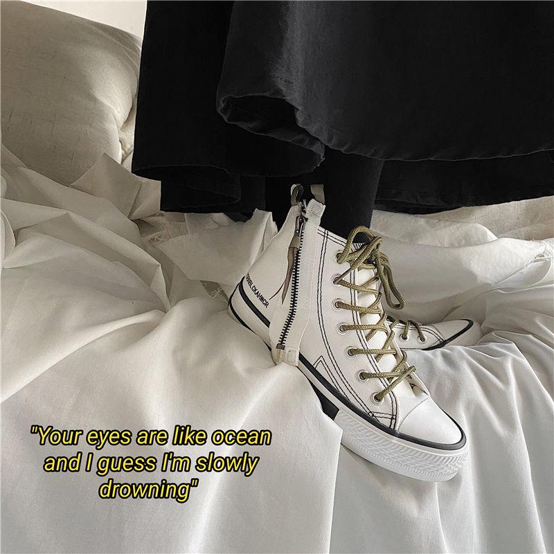 Men High Top Canvas Shoes Lace-up Sneakers Unisex Casual Shoes with Side Zipper Classic Retro Style Black High Quality Female
