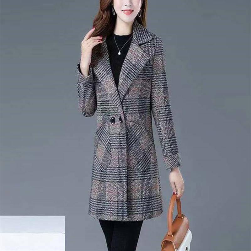 Women Outerwear Winter Clothing Fashion Warm Woolen Blends Female Plaid Double Breasted Woolen Coat