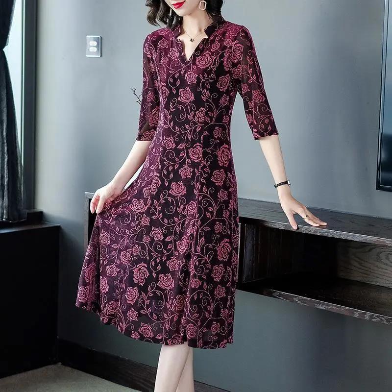 Women's Chiffon Dress Mid Length Ladies Loose Large Size Short Sleeve V-Neck Skirt