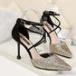 Crystal Sequins Pointed Toe High Heels Stiletto Buckle Hollow Single Shoes Cross Strap Women Sandals