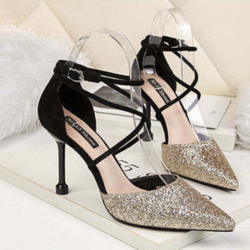 Crystal Sequins Pointed Toe High Heels Stiletto Buckle Hollow Single Shoes Cross Strap Women Sandals