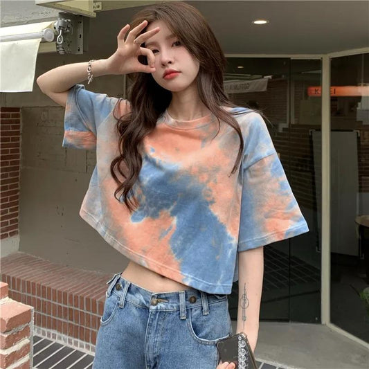 Women's Tie-dye Short-sleeved T-shirt Summer Design Sense Niche Cropped Navel Short Sweet Girl Top Ins Trendy K Pop Schoolgirl Short Top