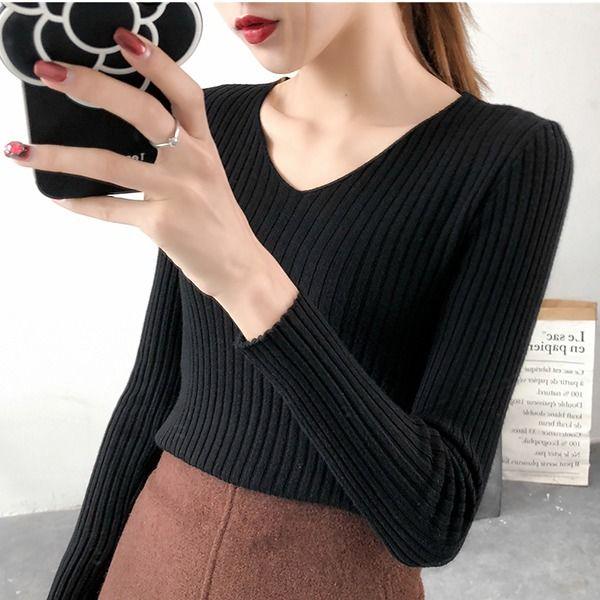 Pofulove Sweater Women's Slim Stretch V-neck Long-sleeved Jumper Bottoming Sweater Wild Shirt