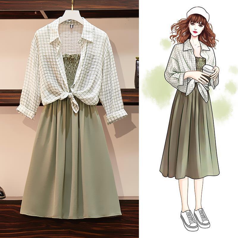 Women Plus Size Set Summer Long-sleeve Irregular Plaid Shirt Strap Dress