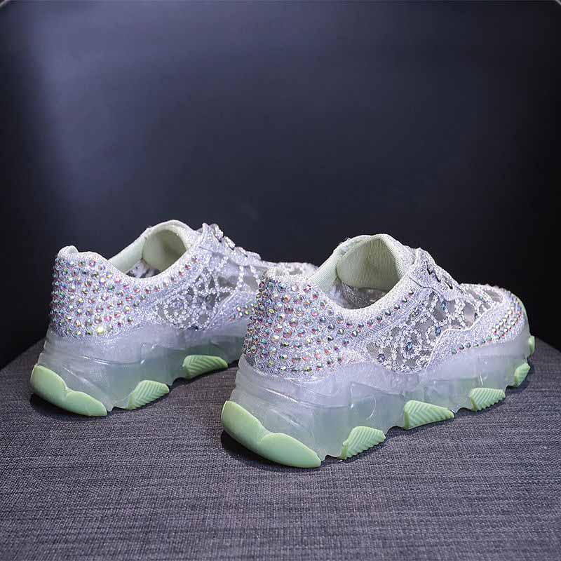Plus Size 35-39 Summer Women Mesh Sneakers Breathable Running Basketball Shoes Students Shockproof Non-slip Rhinestone Crystal Shoes