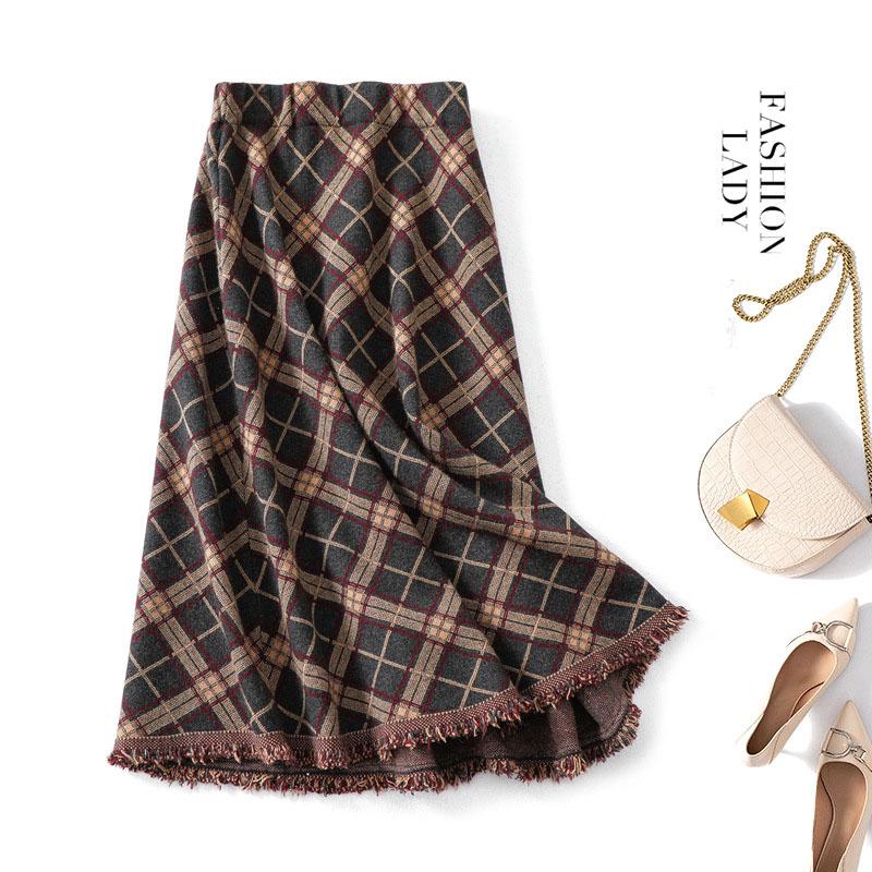 Ladies Long Knitted Skirt Autumn Winter Women's Fringed Plaid Umbrella Skirt High Waist A-line Big Swing Skirt
