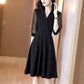 Summer Women's Black Chiffon Dress Mid Length Ladies Loose V-Neck Skirt