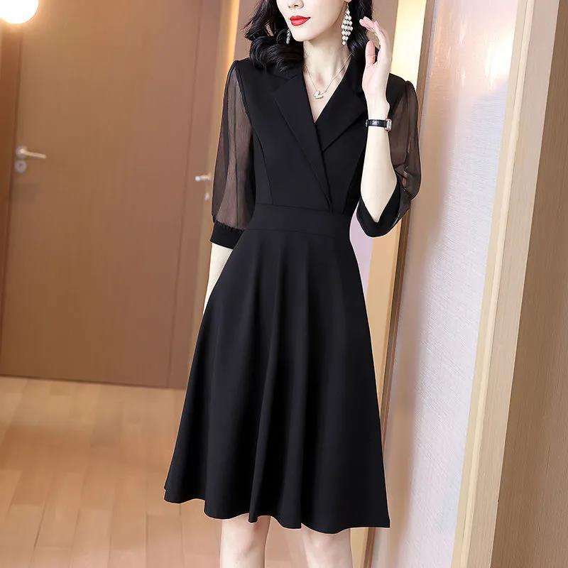 Summer Women's Black Chiffon Dress Mid Length Ladies Loose V-Neck Skirt