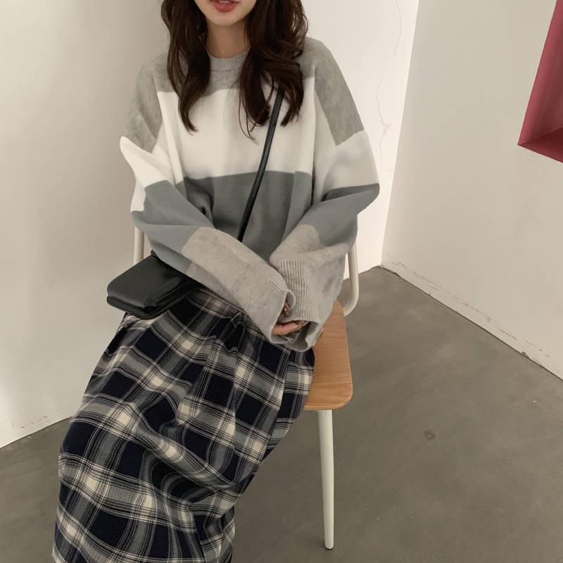 Pofulove Round Neck Loose Sweater Female Students Were Thin Wild Color Matching Long-sleeved Sweater