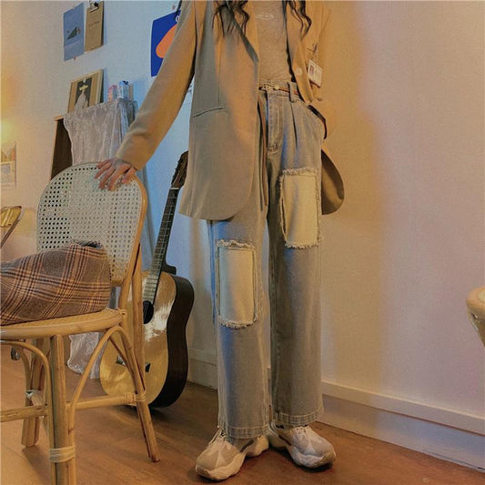Retro High Waist All-match Loose Straight Pants Autumn and Winter Personality Ripped Beggar Patch Jeans