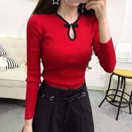 Winter China Style Traditional Buckle Bottom Sweater Retro Slim Knit Shirt Pullover Bodycon