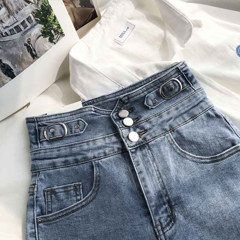 Women's Summer High Waist Single Breasted All-match Large Size Denim Straight Pants