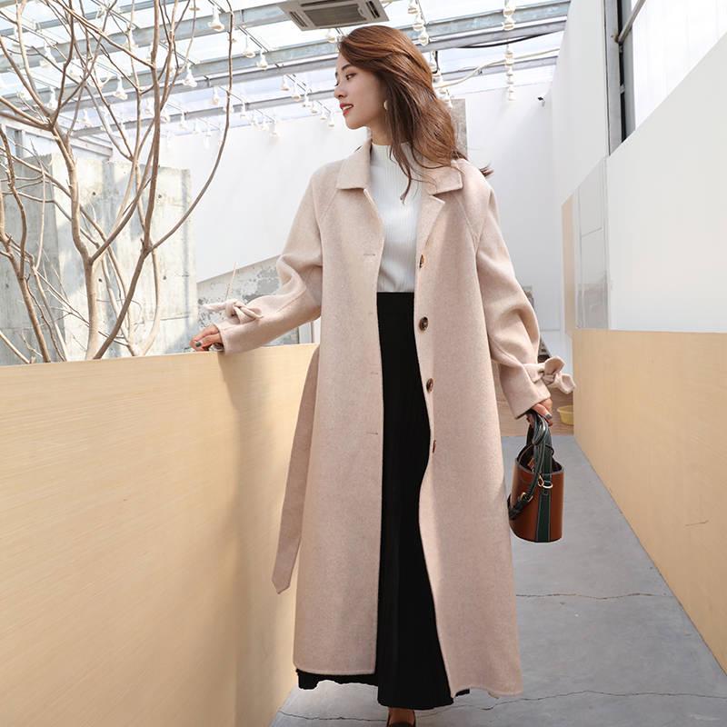 Elegant Long Women's Coat Lapel 2 Pockets Belted Jackets Solid Color Coats Female Outerwear