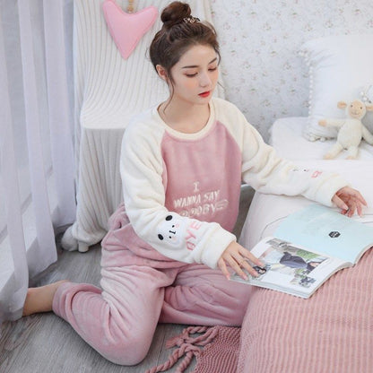 Winter Female Coral Fleece Cute Indoor Pajamas Korean Student Long-sleeved Thick Flannel Plus Size Home Service Suit