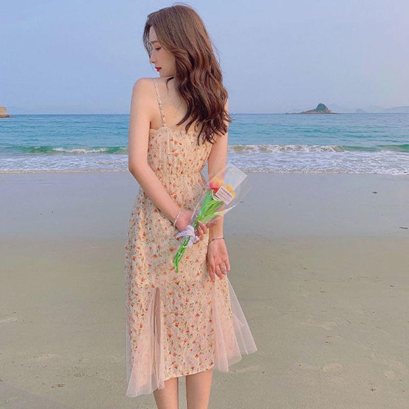 Floral Sling Dress Female Spring Summer Casual V-neck Sleeveless Mid-length Casual  Comfortable